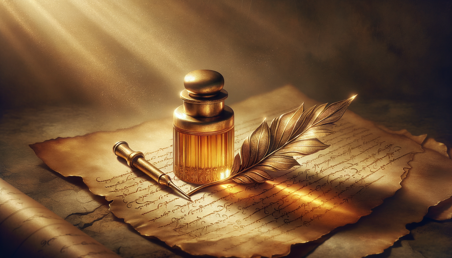 golden anointing oil vial on parchment bathed in soft, sacred sunlight