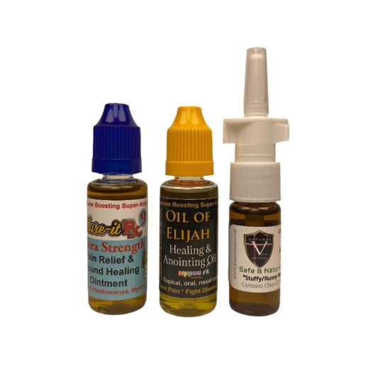 Three bottles of different products on a beige background