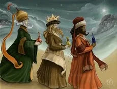 Three figures in robes with different colored hats against a stormy sky.