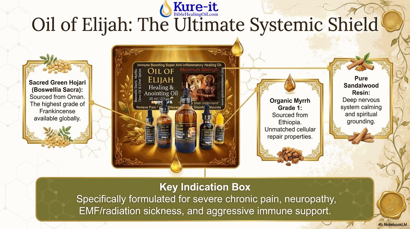 Advertisement for Kure-it Oil of Elijah with product packaging and text on a decorative background.
