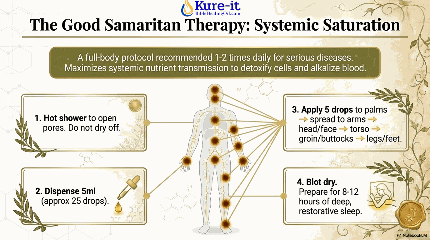 Infographic on The Good Samaritan Therapy: Systemic Saturation with a human figure and text.