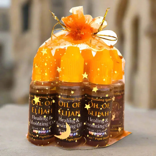 Six bottles of 'Oil of Elijah' on a decorative stand with a blurred architectural background.