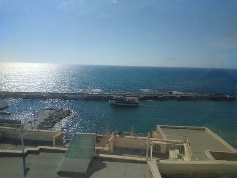 View of a coastal area with a clear blue sky and water.