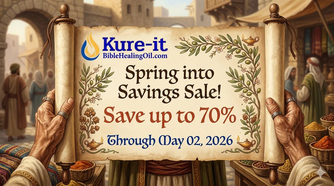 Advertisement for Kure-it Bible Healing Oil with a scroll and historical setting