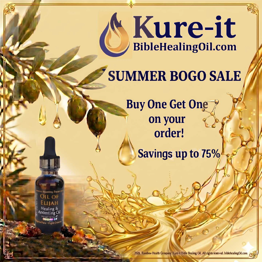 Advertisement for Kure-it Bible Healing Oil with olive branch and oil droplets on a yellow background.