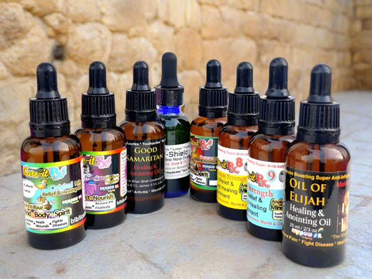 Kure-it Biblical anointing oil bottles on a stone surface in Old city Jerusalem.