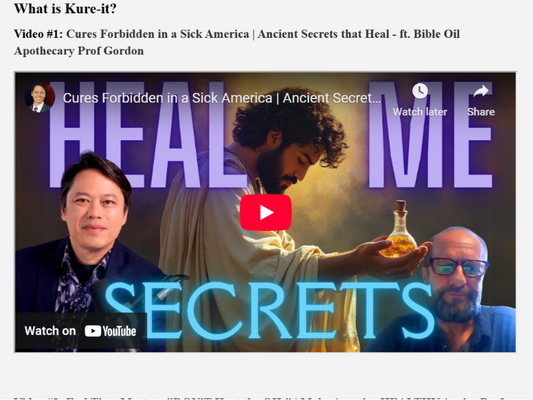 Promotional image for a video titled 'Cures Forbidden in a Sick America | Ancient Secrets that Heal' featuring three individuals.