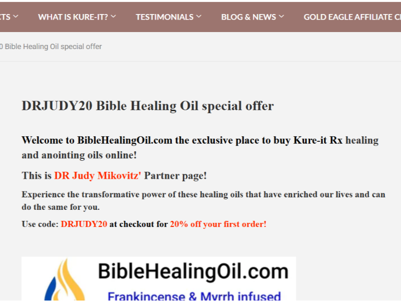 Website page for Bible Healing Oil with promotional text and logo.