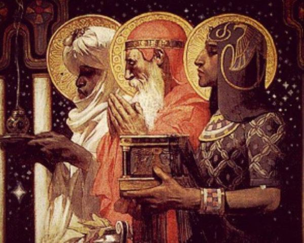 3 wise men bearing precious gifts of frankincense and myrrh