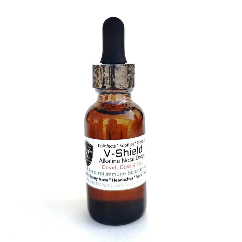 V-Shield COVID Defense 30ml glass dropper bottle.