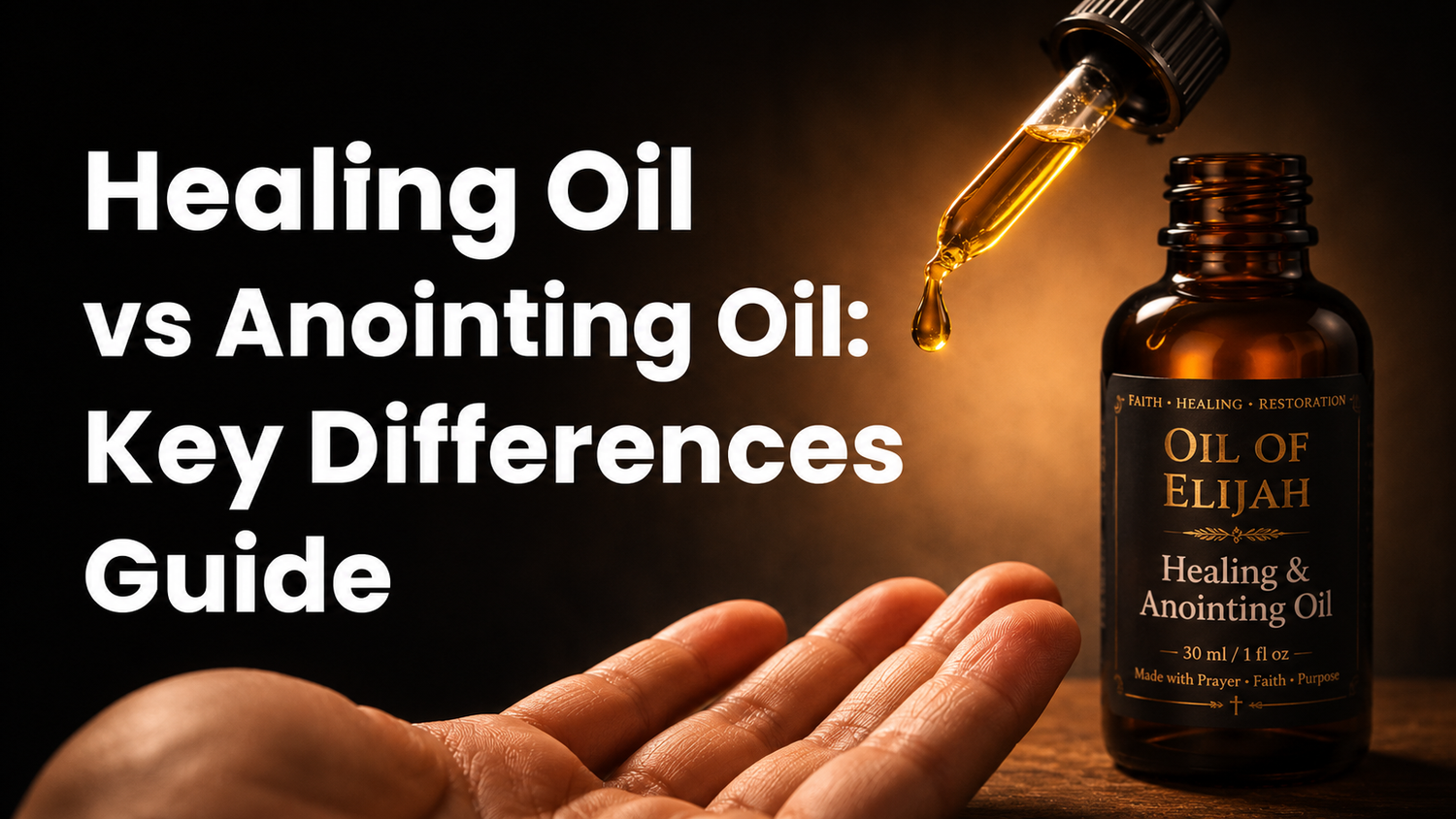 Healing oil vs anointing oil guide image with an Oil of Elijah bottle, golden oil dropper, and open hand, showing biblical healing oils for prayer, faith, and spiritual use.