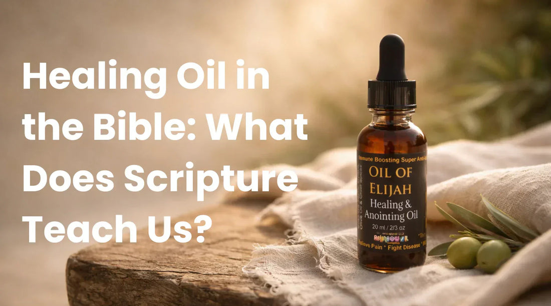 Healing Oil in the Bible graphic. Image of a bottle of oil of Elijah healing oil..