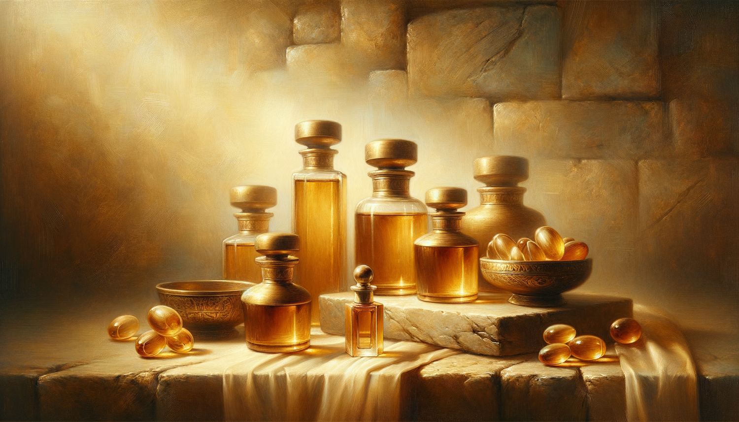 golden anointing oil bottles on stone altar glowing softly in warm, sacred light