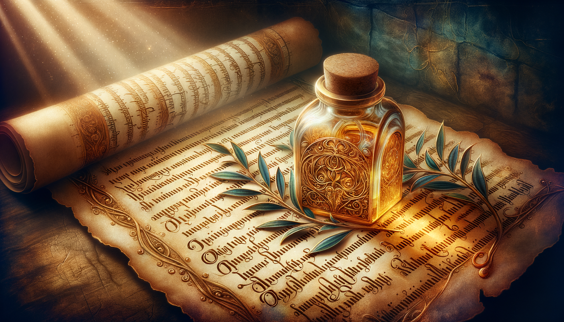 golden oil bottle on parchment with olive branches, glowing in soft sacred light