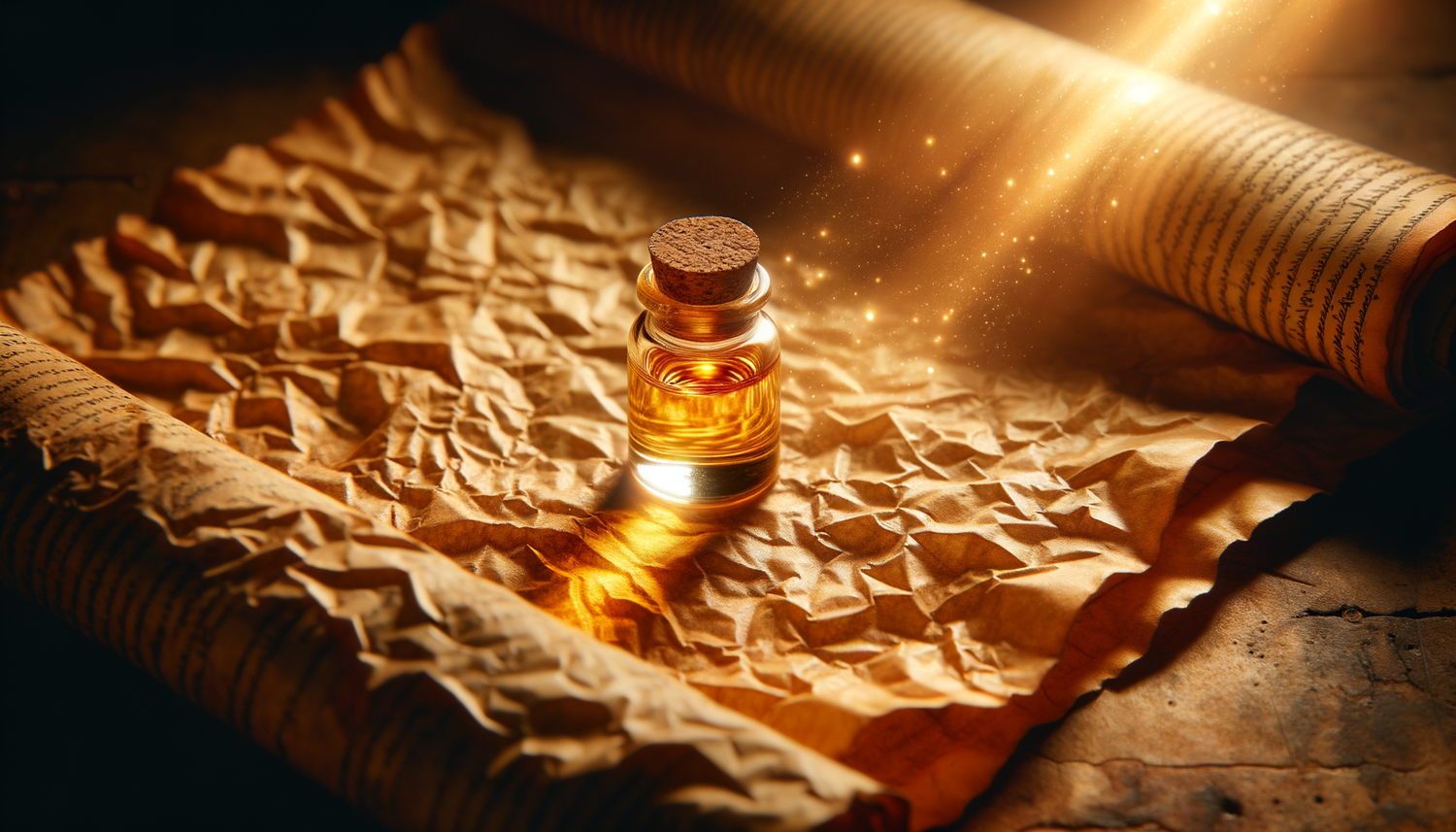 golden anointing oil vial on ancient parchment bathed in soft, sacred light
