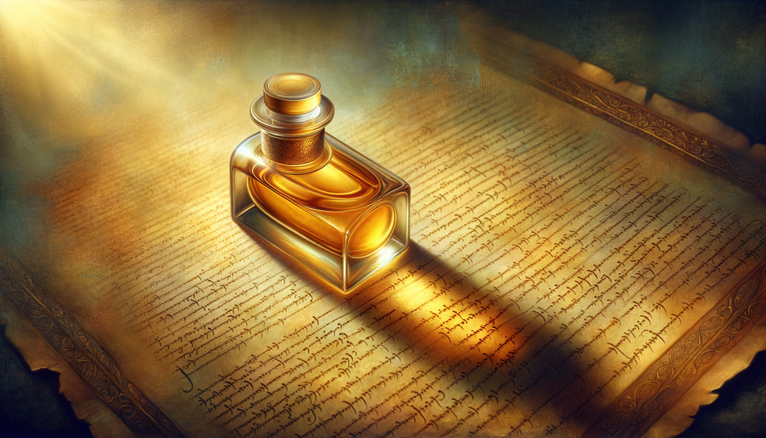golden anointing oil vial on parchment bathed in soft, sacred light