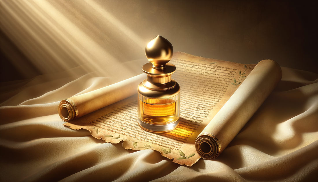 sacred oil vial glowing on parchment in warm, reverent golden light
