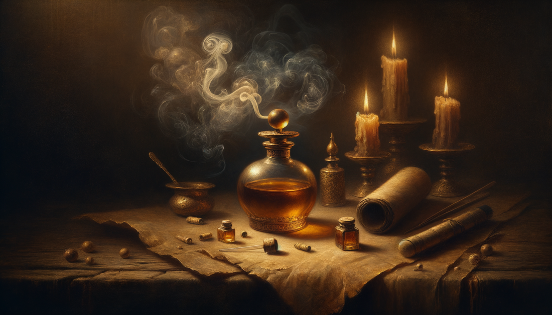 golden oil vial on parchment with candlelight and incense, warm sacred atmosphere