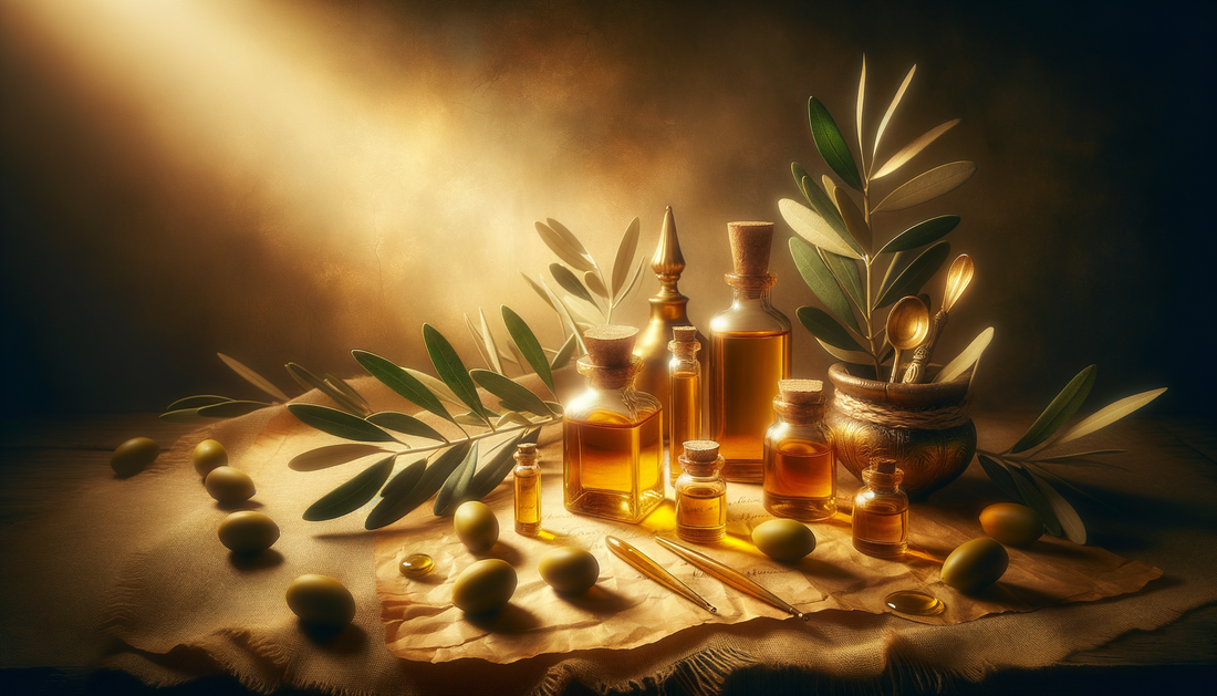 sacred oil vials with olive branches glowing softly on parchment in warm light