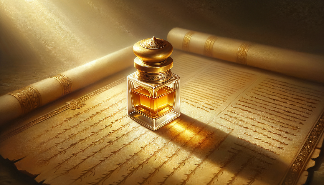 golden oil vial on parchment glows softly in warm, sacred ambient light