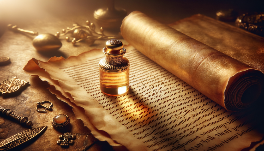golden anointing oil vial glowing on parchment in gentle, sacred light