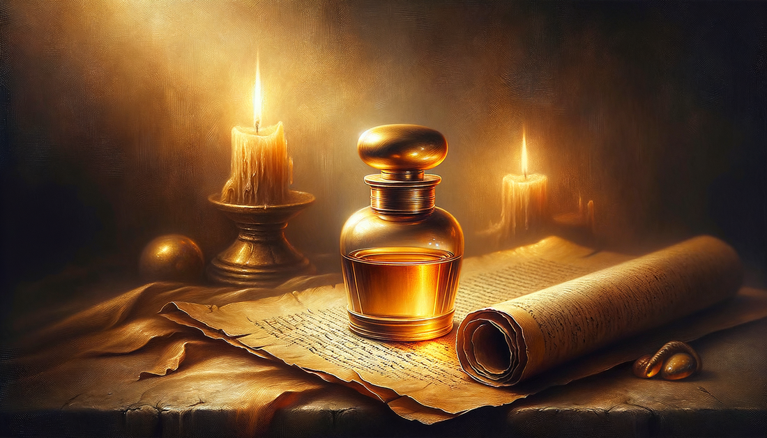 golden anointing oil vial on parchment with candlelight and warm sacred atmosphere