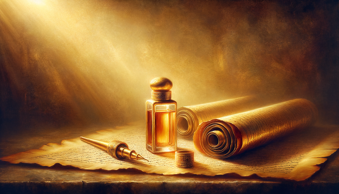 golden anointing oil vial glowing on parchment with warm, sacred lighting