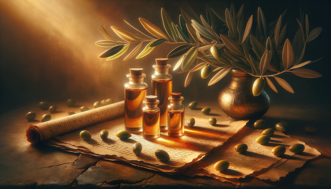 sacred oil vials glowing on parchment with olive branches in warm light