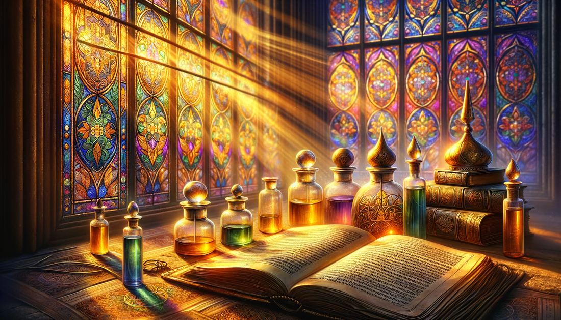 glass vials of oil glowing on ancient scripture under stained glass light