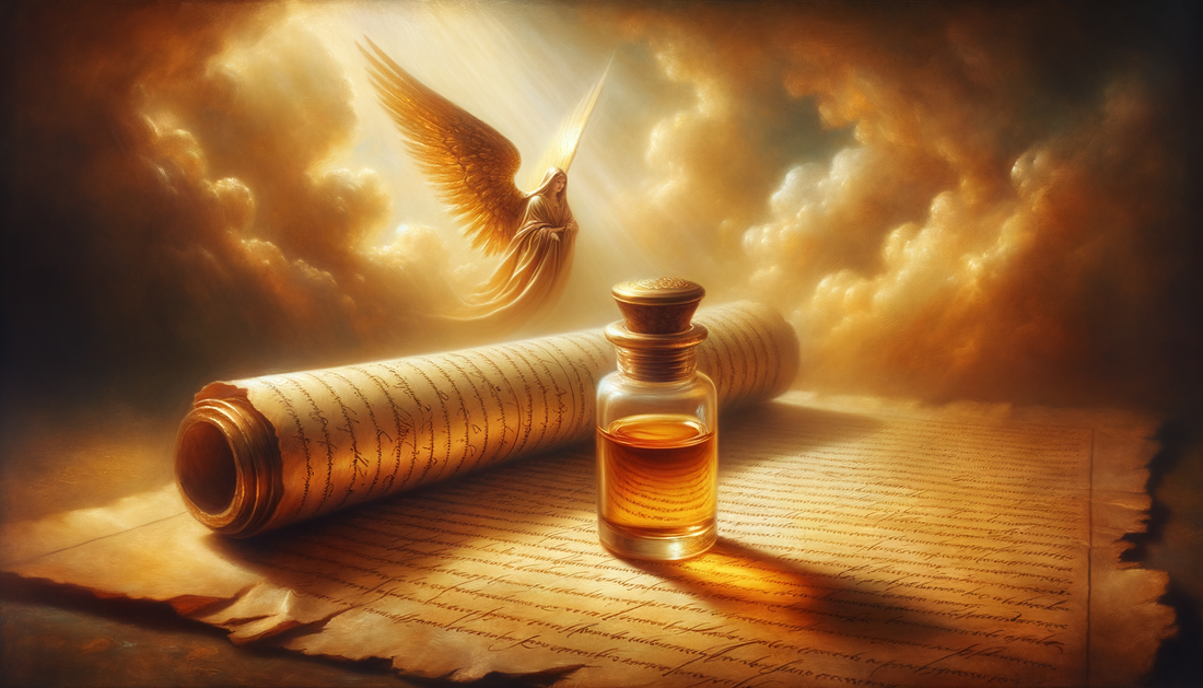 golden oil vial on parchment with gentle light and warm sacred atmosphere
