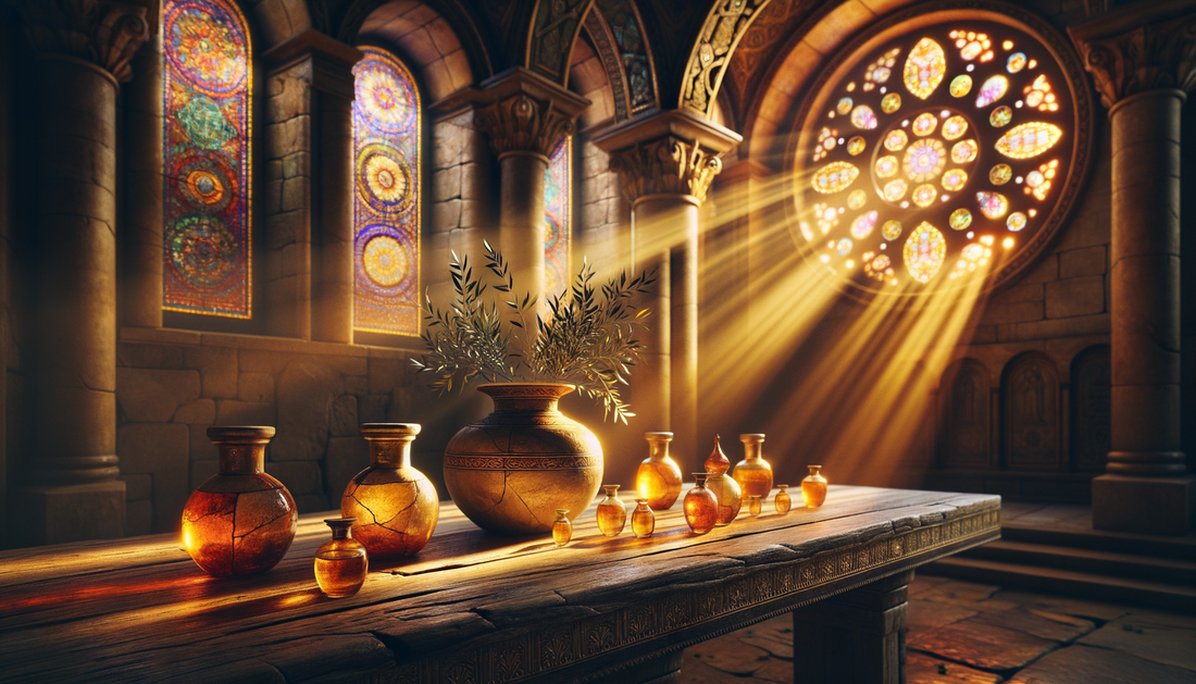 sacred oils on wooden altar bathed in golden stained glass light