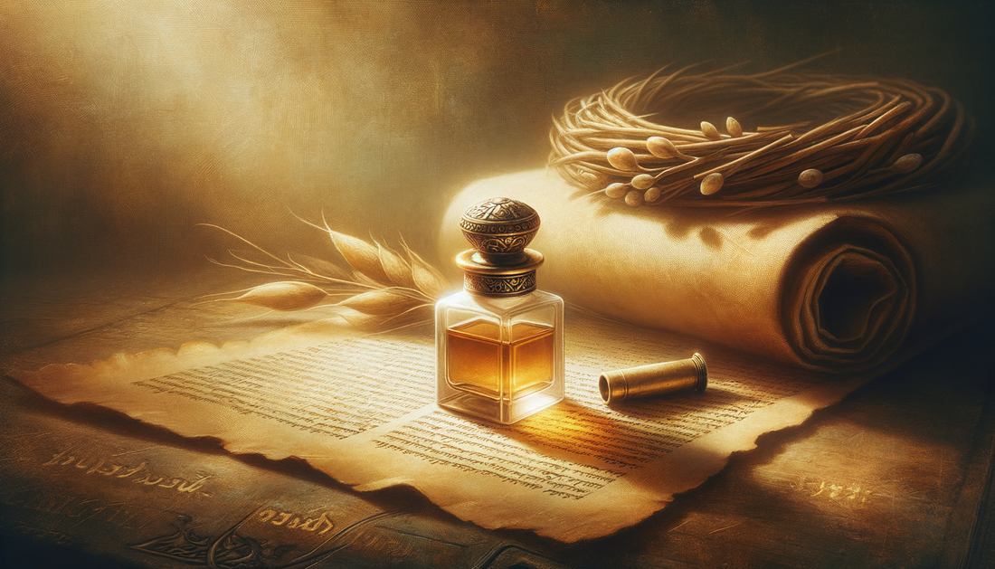 anointing oil vial on parchment glowing in warm, sacred light