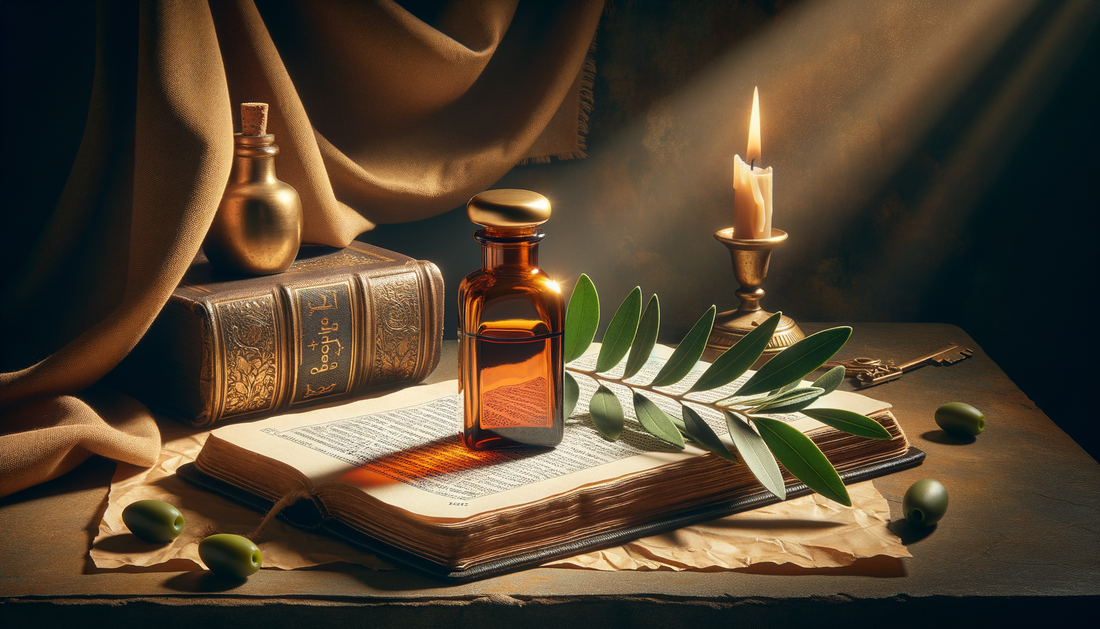 amber anointing oil bottle on bible with candlelight and olive branch