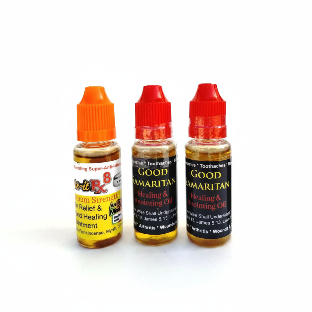 Three bottles of Good Samaritan Healing Oil with different colored caps on a white background