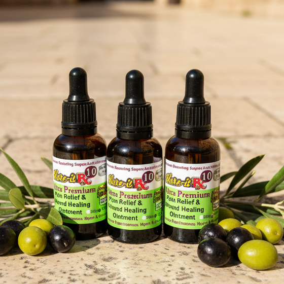 Three bottles of Ultra Premium Pain Relief & Wound Healing Ointment with olive leaves on a stone surface.