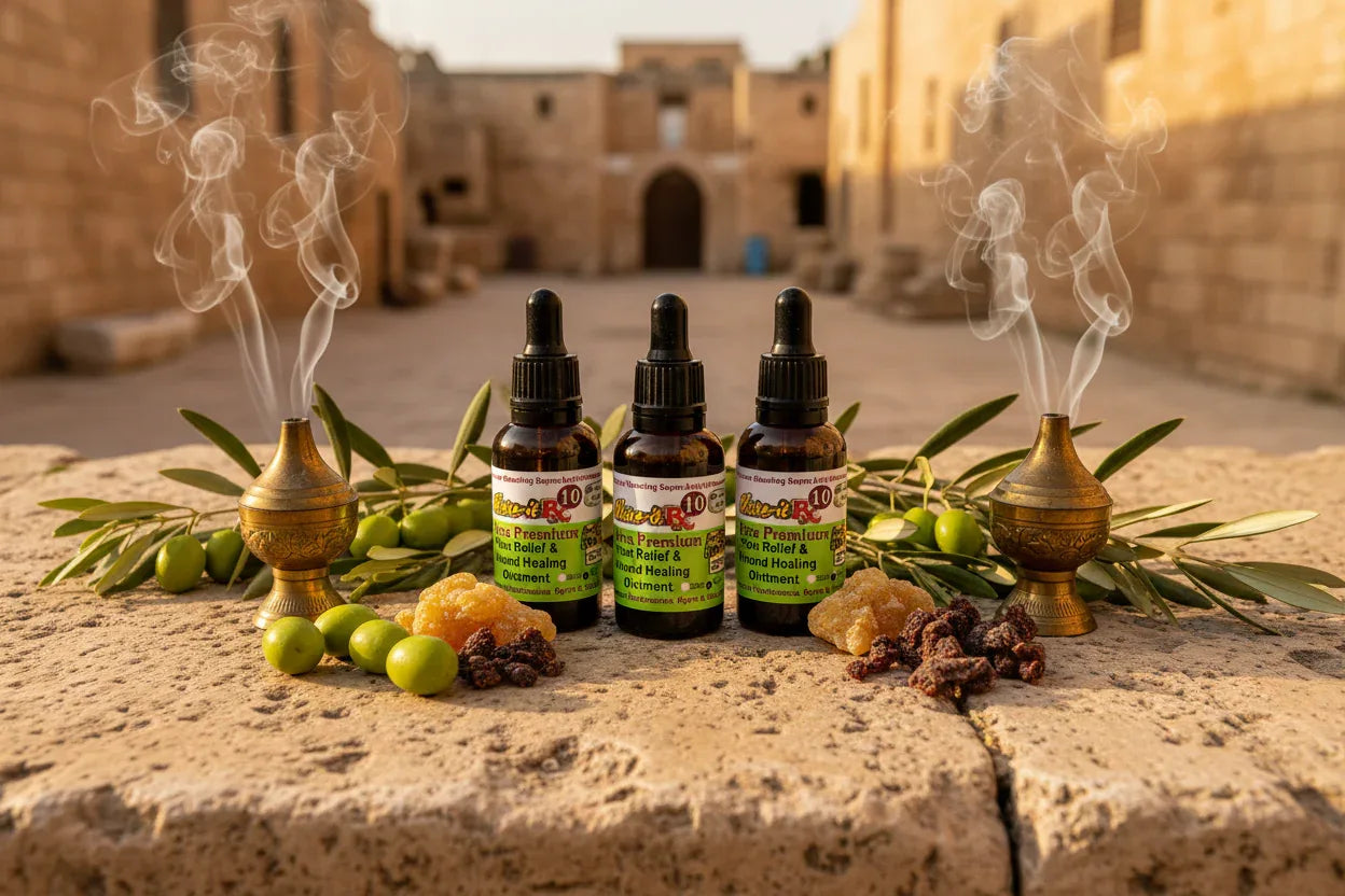 Three Rx10 Ultra Biblical healing oils, incense burners, olives, and herbs on stone outdoors