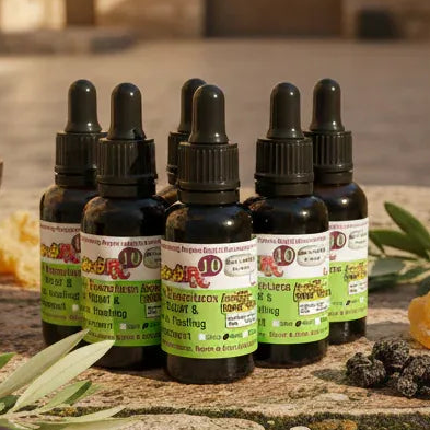 Row of 6 Rx10 Anointing Oil dropper bottles with green labels on a stone surface with plants. Biblical Anointing Oil 