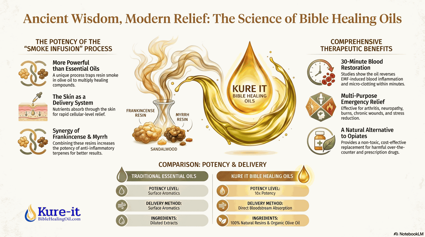 Infographic about Kure It Healing Oils with text and graphics on a white background