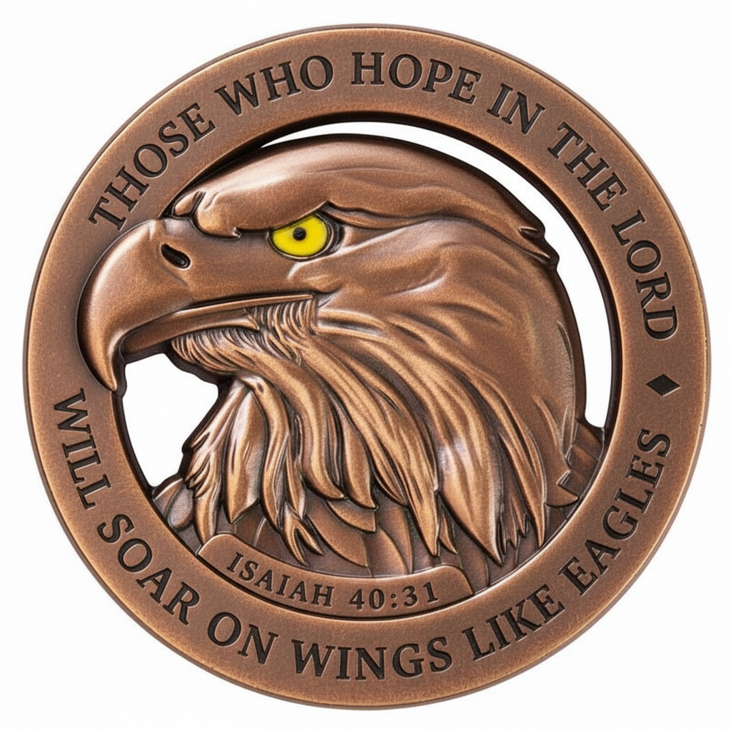 Bronze medallion with an eagle design and Bible verse text on a white background