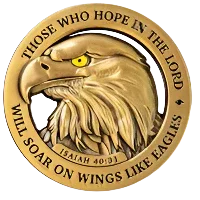 Gold emblem with an eagle and text 'Those who hope in the Lord will soar on wings like eagles', inspired by Isaiah 40:3.