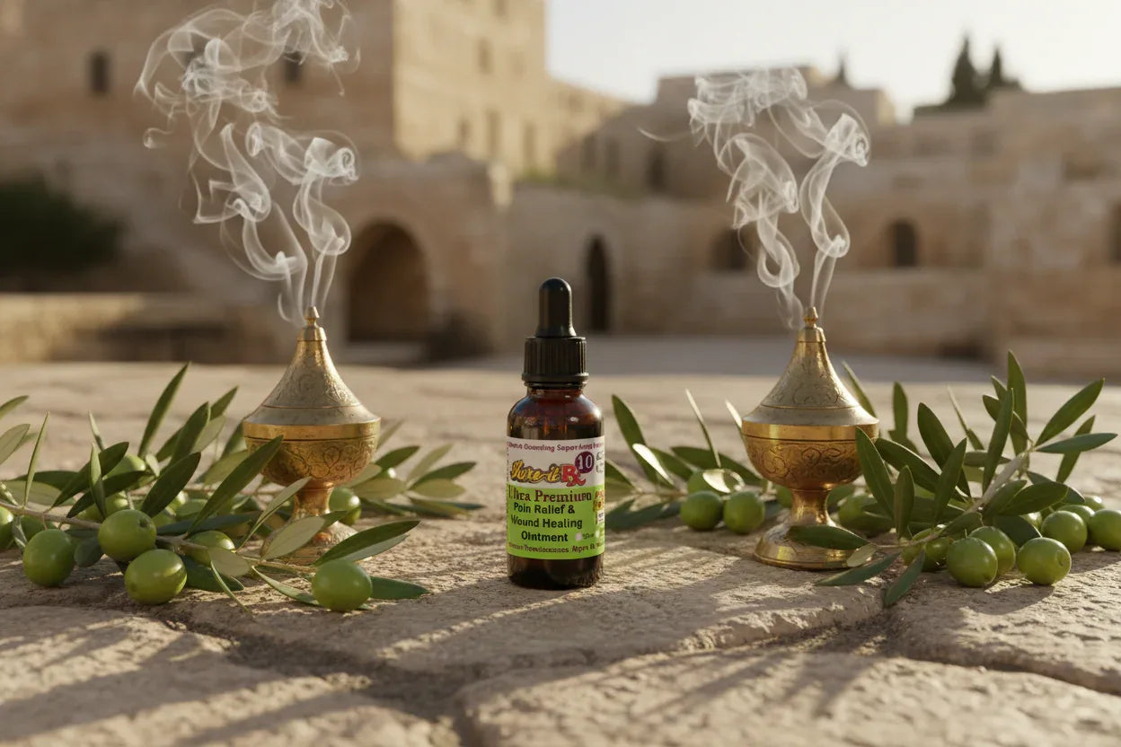 Rx10 Ultra Bible healing oil bottle surrounded by olive branches and incense of frankincense and myrrh burning in incense burners
