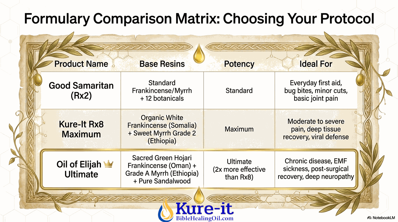 Formulary comparison matrix for Kure-it products with product names, base resins, potency levels, and uses.