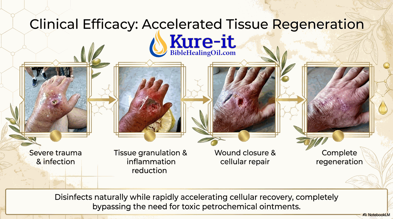 Advertisement for Kure-it Bible Healing Oil showing clinical efficacy on wounds.