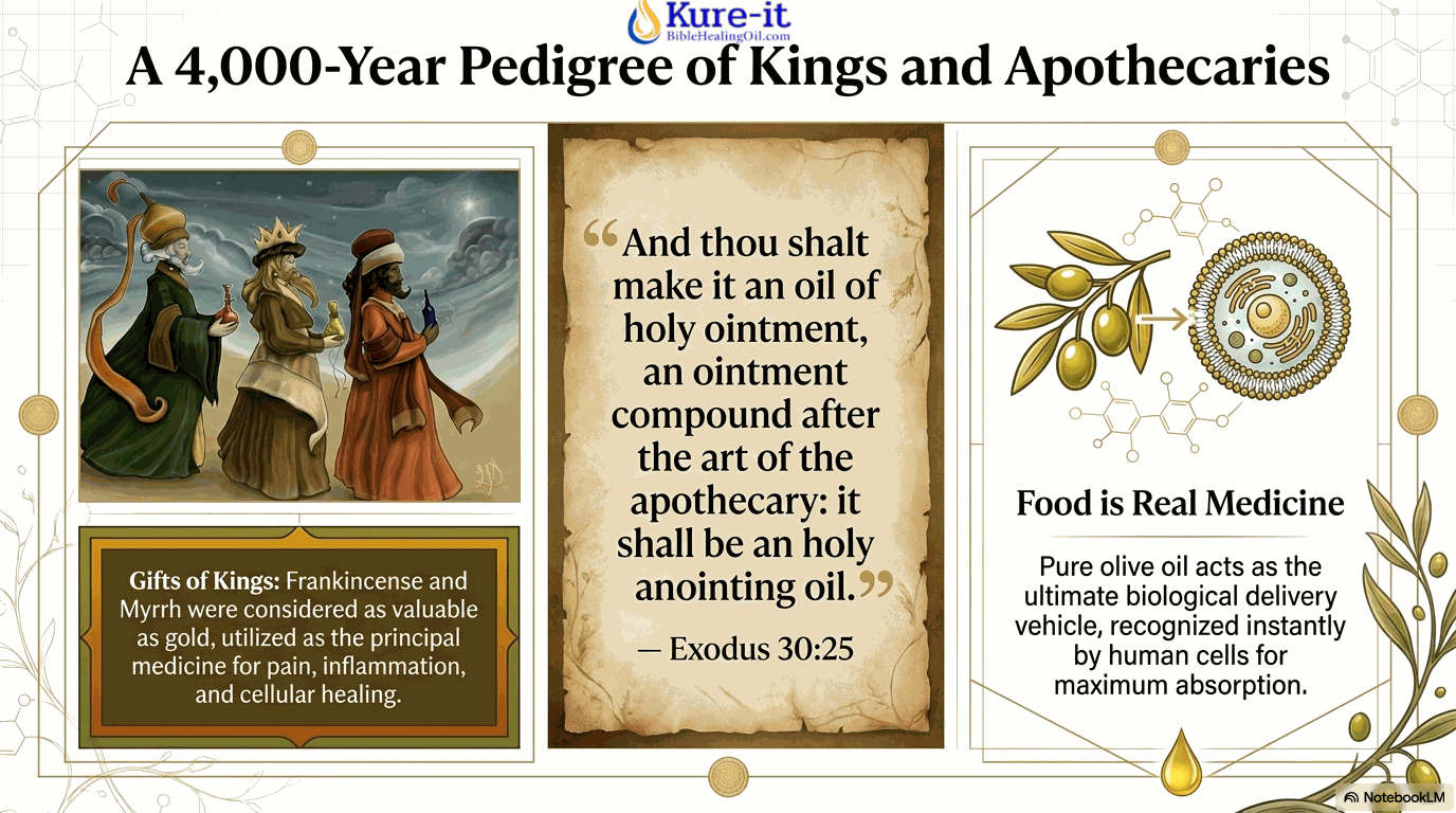 Educational graphic about a 4,000-year pedigree of kings and apothecaries with text and illustrations.