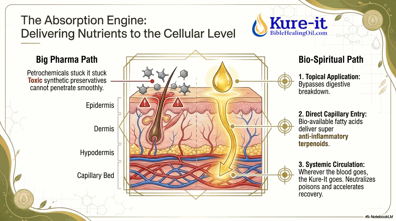 Diagram of the absorption engine by Kure-it, showing the bio-spiritual path and its benefits.