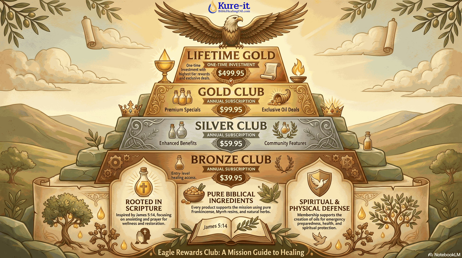 Eagle Rewards Club pyramid with different membership levels and benefits in a scenic landscape.