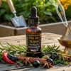 Bottle of 'Oil of Elijah' on a wooden surface with herbs and spices in an outdoor setting