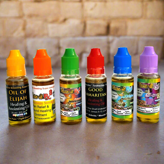 Oil of Elijah, Kure-it Rx8, Kure-it Rx4, Good Samaritan Healing oil, Kure-it Rx1 & Face-it Fx1