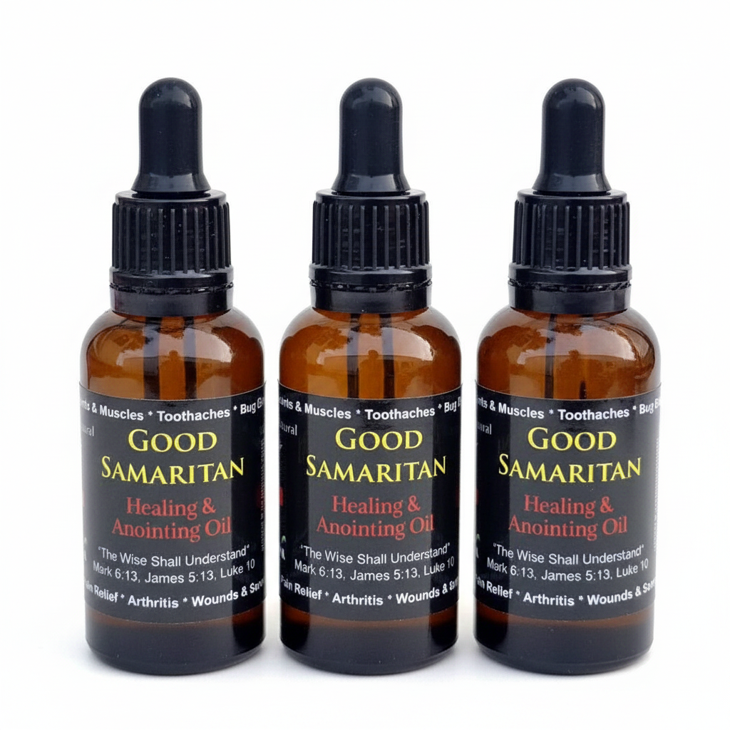 Three bottles of Good Samaritan Healing & Anointing Oil on a white background