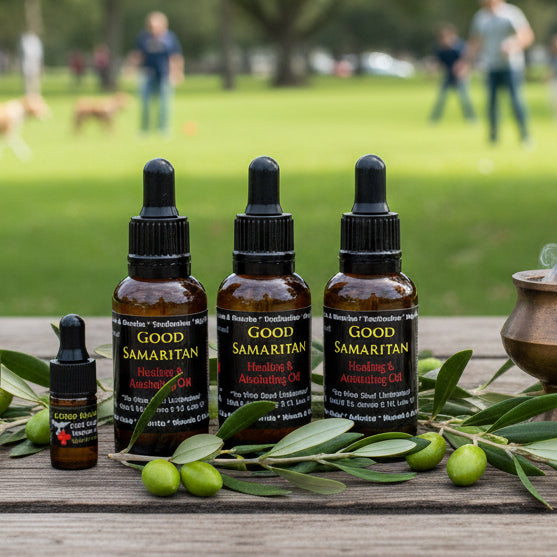Four bottles of Good Samaritan Healing & Anointing Oil on a white background